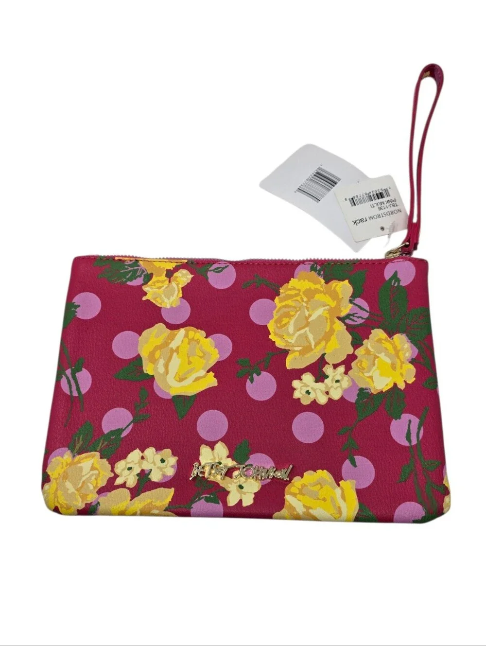 NEW Betsey Johnson Faux Leather Floral Clutch Wristlet Pouch Pink Gold